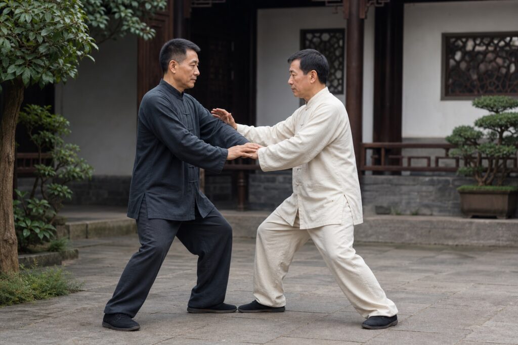 Two Taijiquan practitioners develop balance and sensitivity through push-hands training.