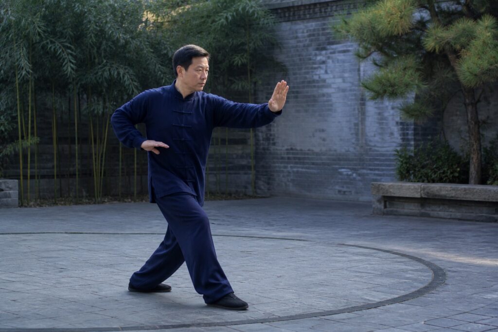 A Baguazhang practitioner develops connected movement through circle-walking practice.